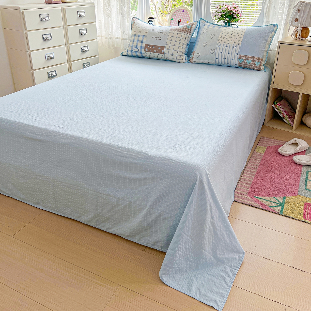 91家纺网 家纺一手货源 找家纺 恒尚居 2026新款泡芙纱四件套贝壳绣边床盖套件单被套床单床笠 【拼格奶蓝】贝壳边