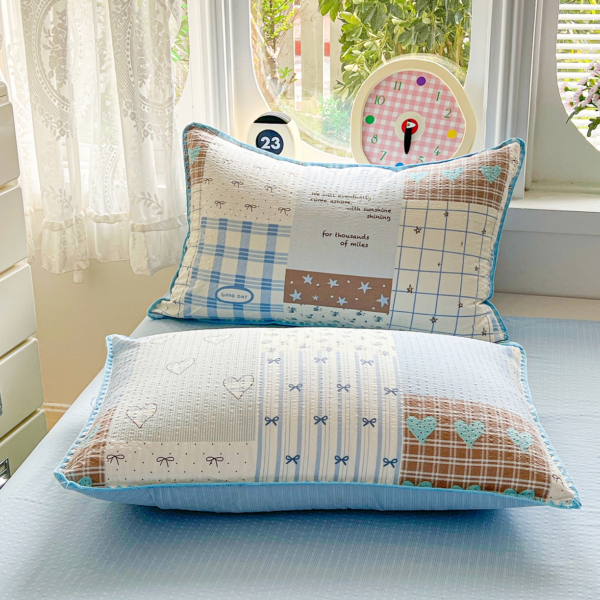 91家纺网 家纺一手货源 找家纺 恒尚居 2026新款泡芙纱四件套贝壳绣边床盖套件单被套床单床笠 【拼格奶蓝】贝壳边