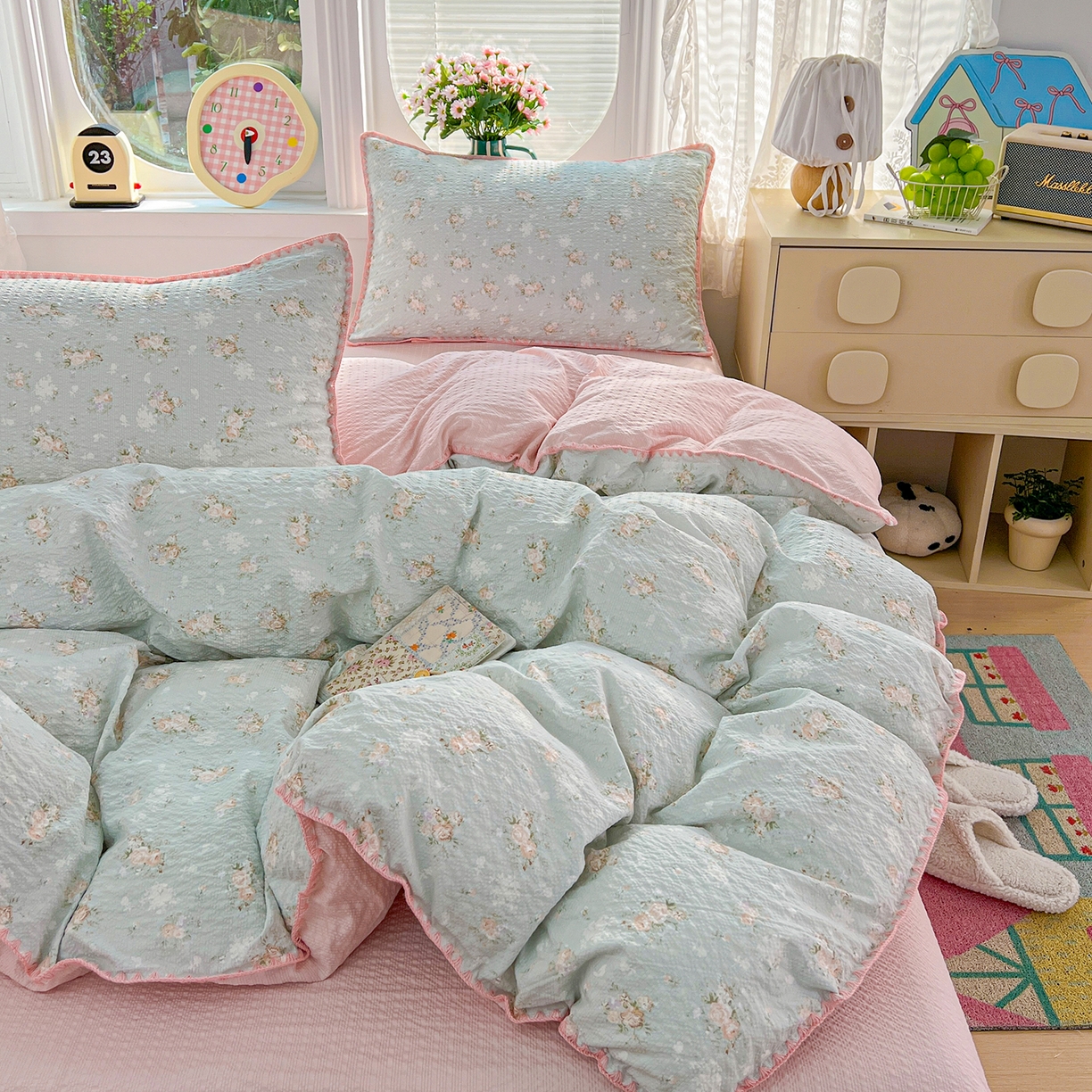 91家纺网 家纺一手货源 找家纺 恒尚居 2026新款泡芙纱四件套贝壳绣边床盖套件单被套床单床笠 【清新粉玫瑰】贝壳边