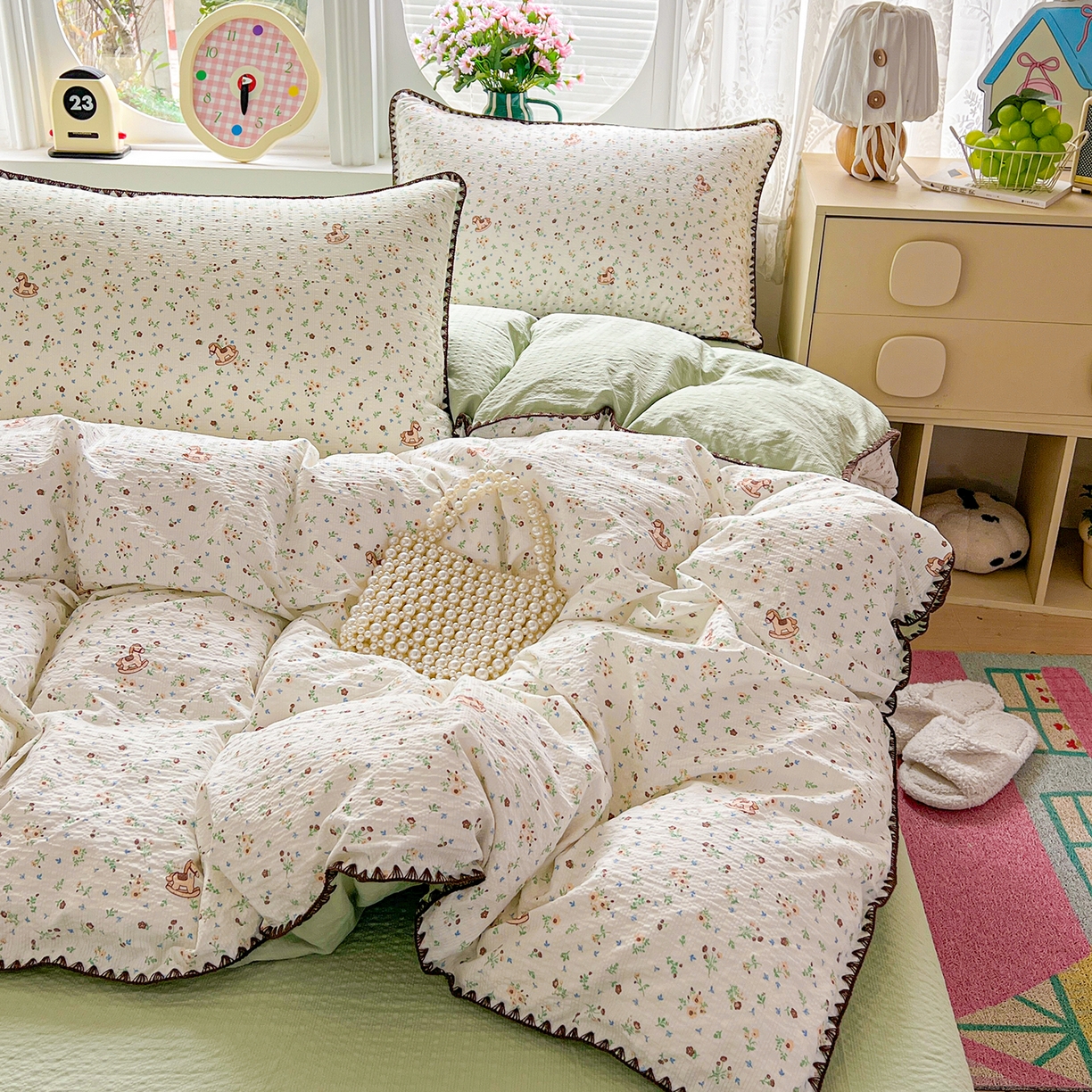 91家纺网 家纺一手货源 找家纺 恒尚居 2026新款泡芙纱四件套贝壳绣边床盖套件单被套床单床笠 【碎花摇摇马】贝壳边