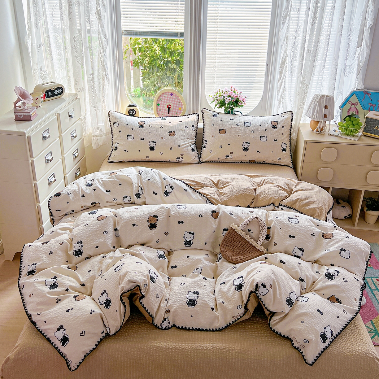 恒尚居 2026新款泡芙纱四件套贝壳绣边床盖套件单被套床单床笠 【甜妹小猫】贝壳边