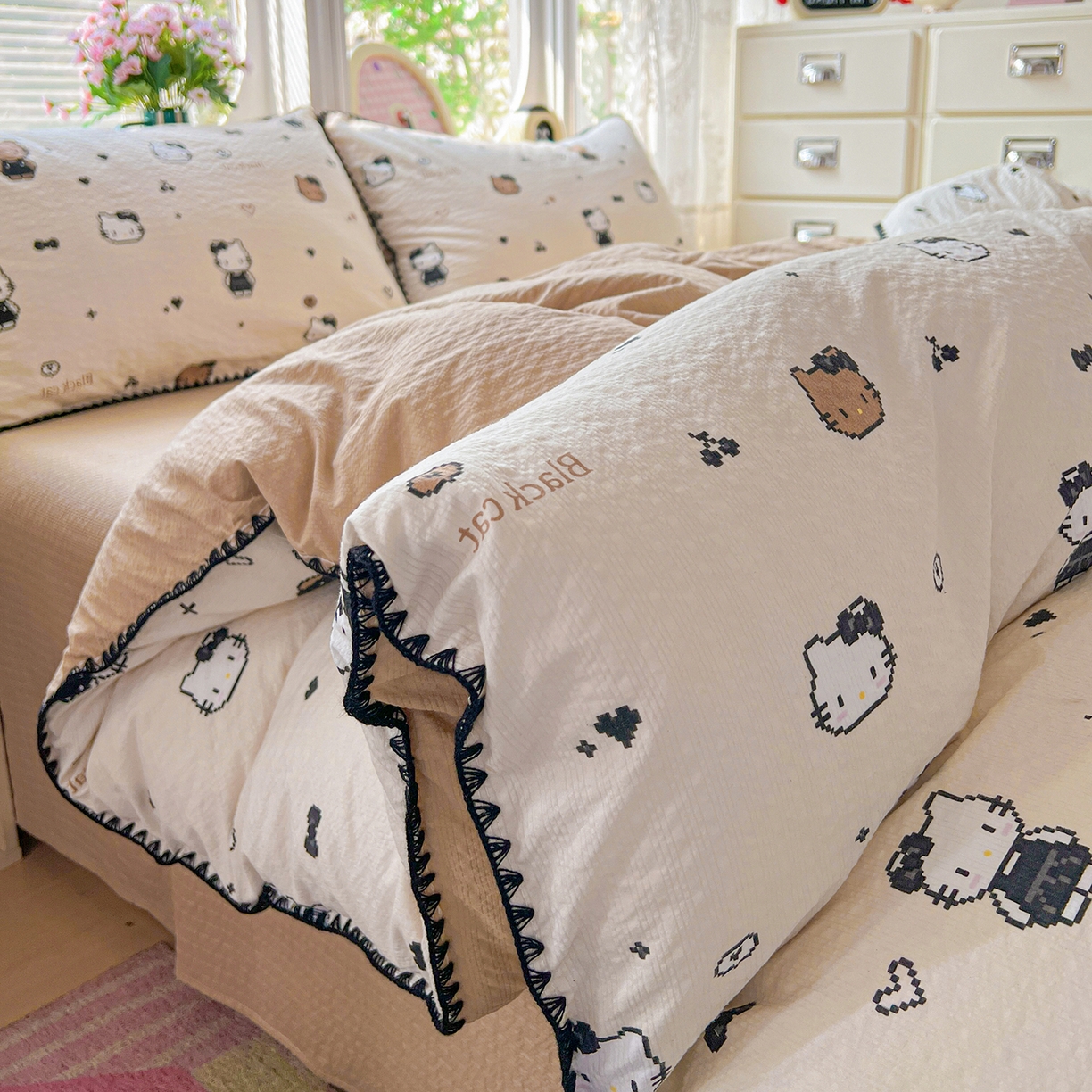 91家纺网 家纺一手货源 找家纺 恒尚居 2026新款泡芙纱四件套贝壳绣边床盖套件单被套床单床笠 【甜妹小猫】贝壳边