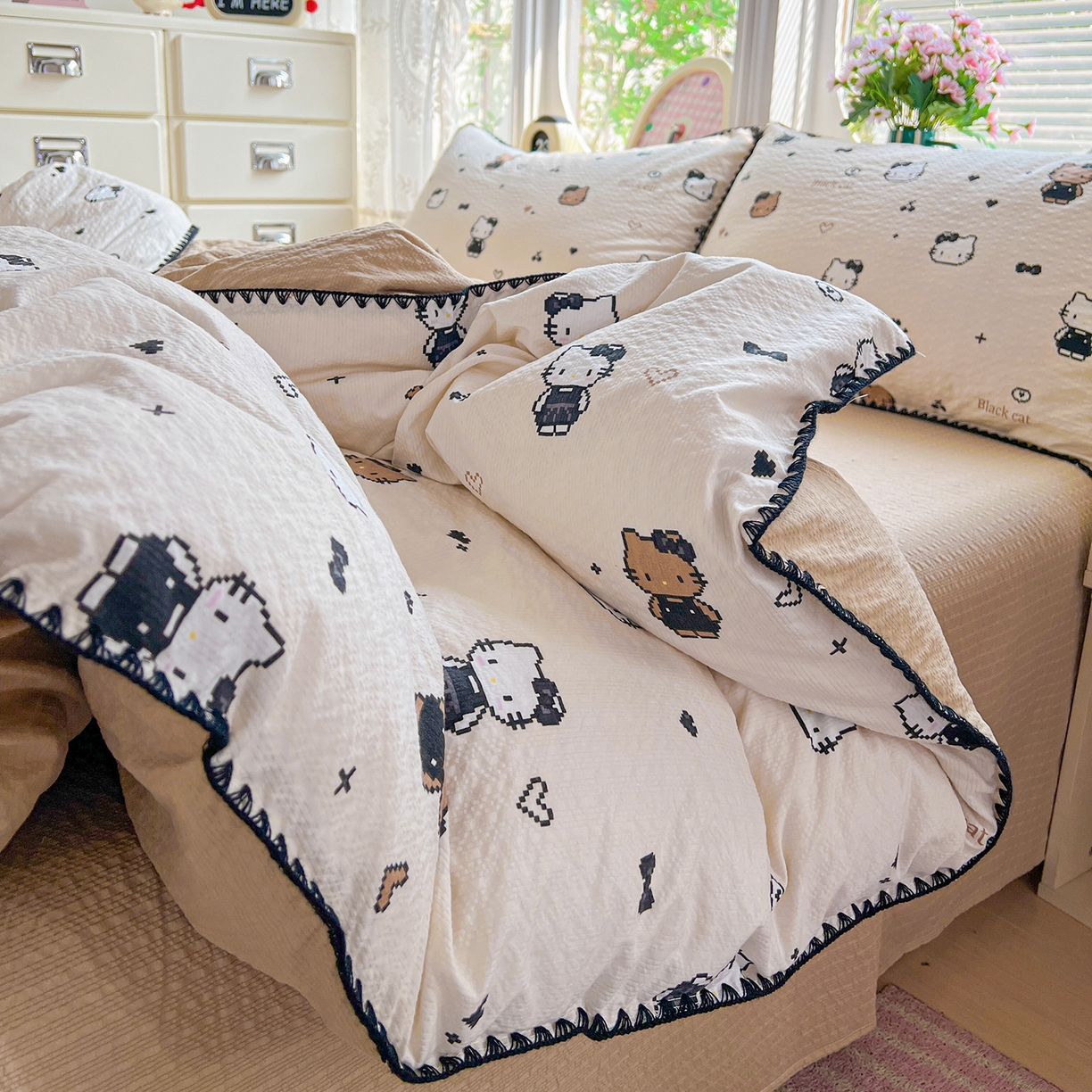 91家纺网 家纺一手货源 找家纺 恒尚居 2026新款泡芙纱四件套贝壳绣边床盖套件单被套床单床笠 【甜妹小猫】贝壳边