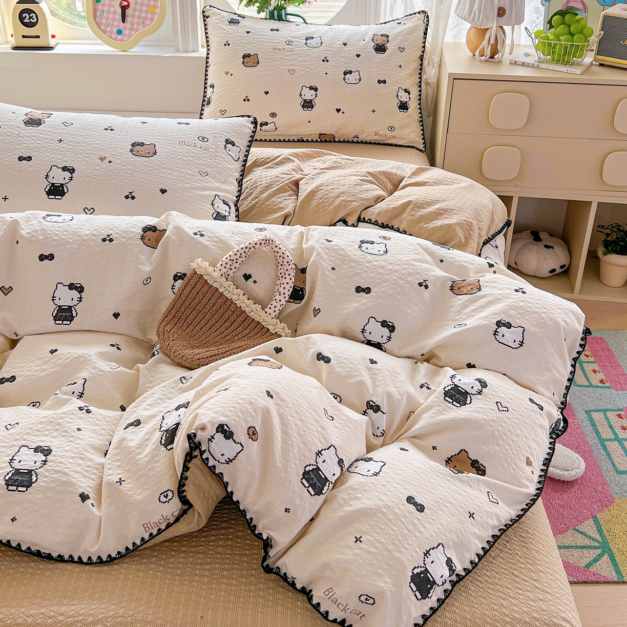 91家纺网 家纺一手货源 找家纺 恒尚居 2026新款泡芙纱四件套贝壳绣边床盖套件单被套床单床笠 【甜妹小猫】贝壳边