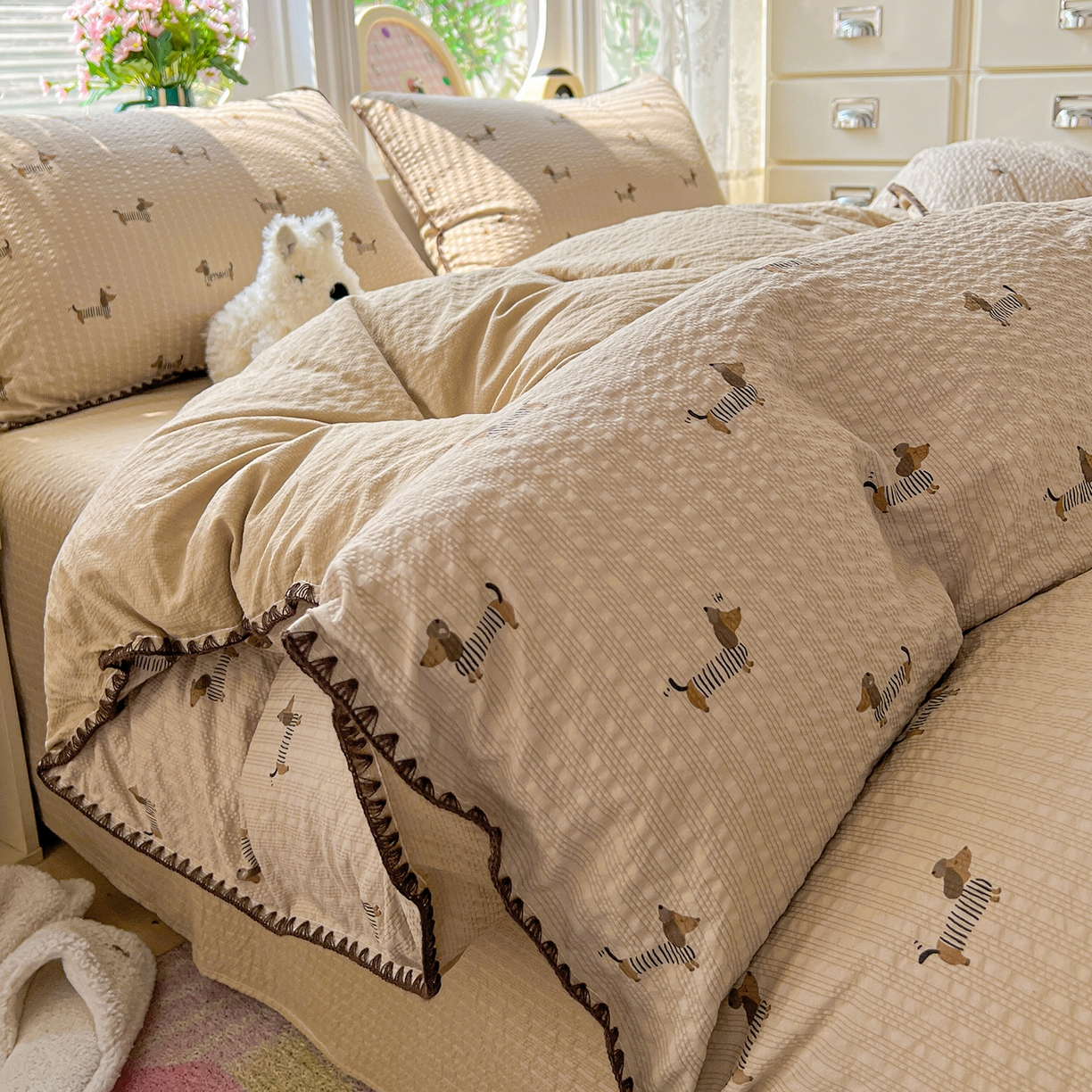 91家纺网 家纺一手货源 找家纺 恒尚居 2026新款泡芙纱四件套贝壳绣边床盖套件单被套床单床笠 【旺财】贝壳边