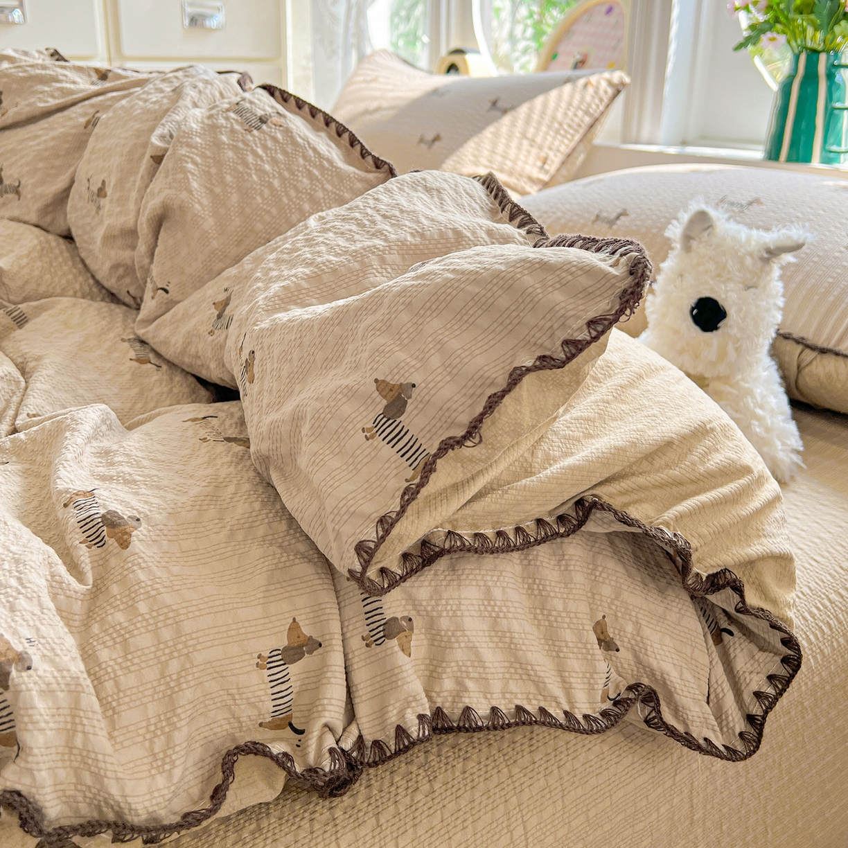 91家纺网 家纺一手货源 找家纺 恒尚居 2026新款泡芙纱四件套贝壳绣边床盖套件单被套床单床笠 【旺财】贝壳边