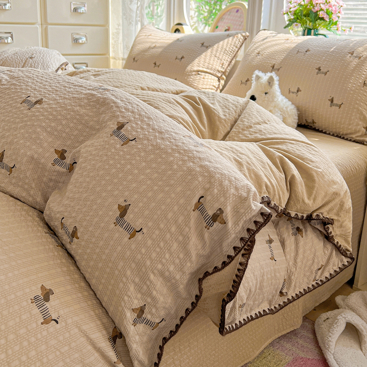 91家纺网 家纺一手货源 找家纺 恒尚居 2026新款泡芙纱四件套贝壳绣边床盖套件单被套床单床笠 【旺财】贝壳边