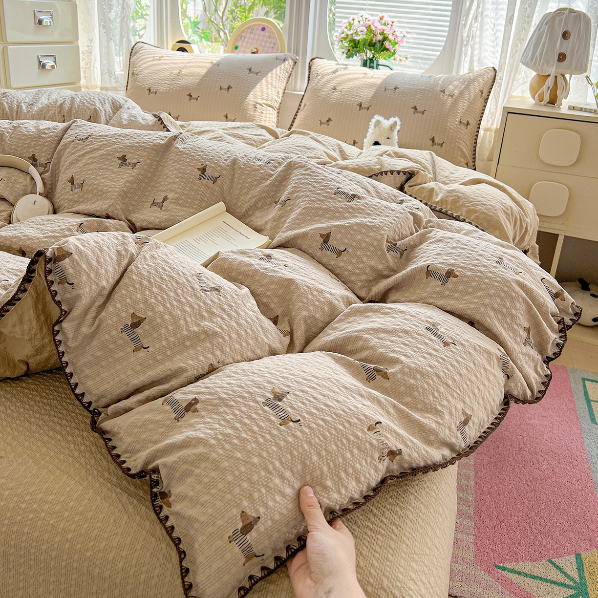 91家纺网 家纺一手货源 找家纺 恒尚居 2026新款泡芙纱四件套贝壳绣边床盖套件单被套床单床笠 【旺财】贝壳边