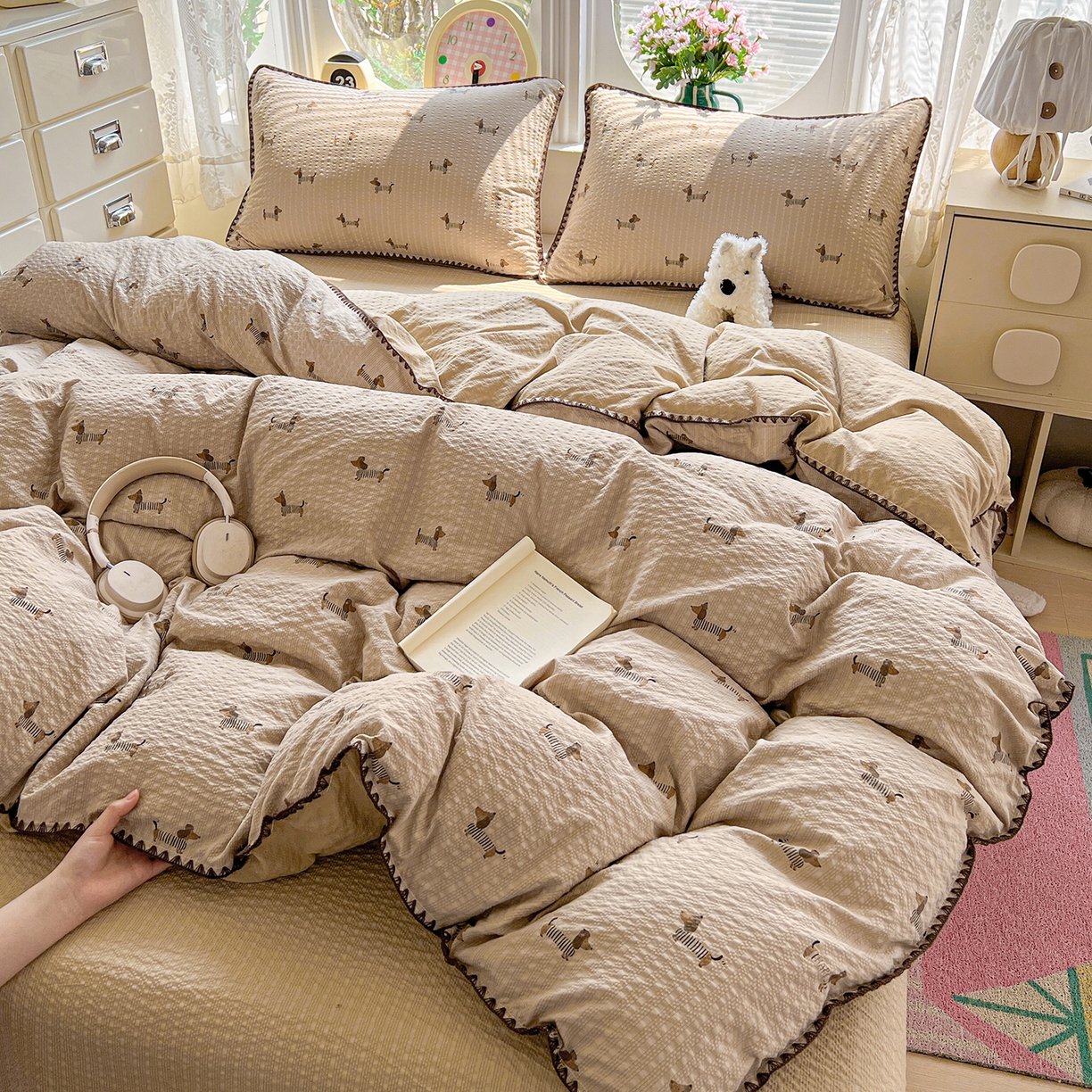 91家纺网 家纺一手货源 找家纺 恒尚居 2026新款泡芙纱四件套贝壳绣边床盖套件单被套床单床笠 【旺财】贝壳边