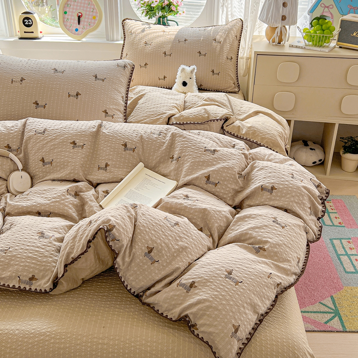 91家纺网 家纺一手货源 找家纺 恒尚居 2026新款泡芙纱四件套贝壳绣边床盖套件单被套床单床笠 【旺财】贝壳边