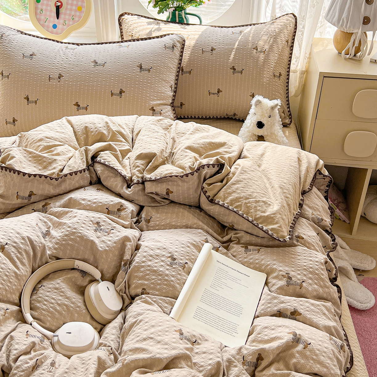 91家纺网 家纺一手货源 找家纺 恒尚居 2026新款泡芙纱四件套贝壳绣边床盖套件单被套床单床笠 【旺财】贝壳边