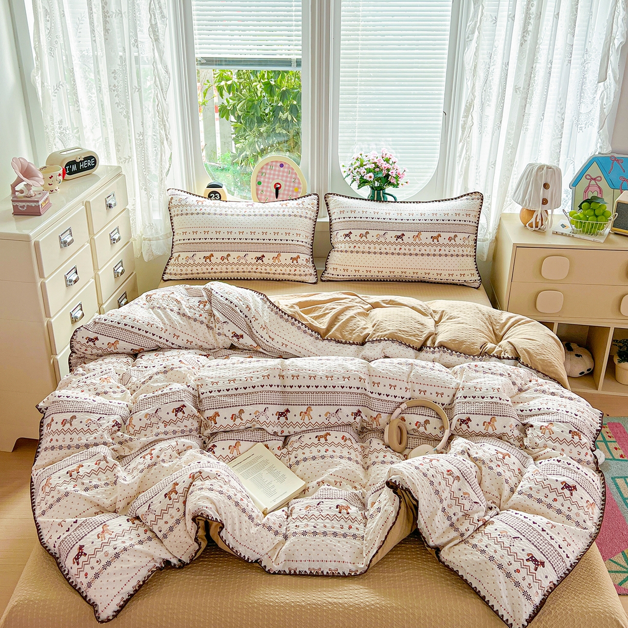 恒尚居 2026新款泡芙纱四件套贝壳绣边床盖套件单被套床单床笠 【小马奔腾】贝壳边