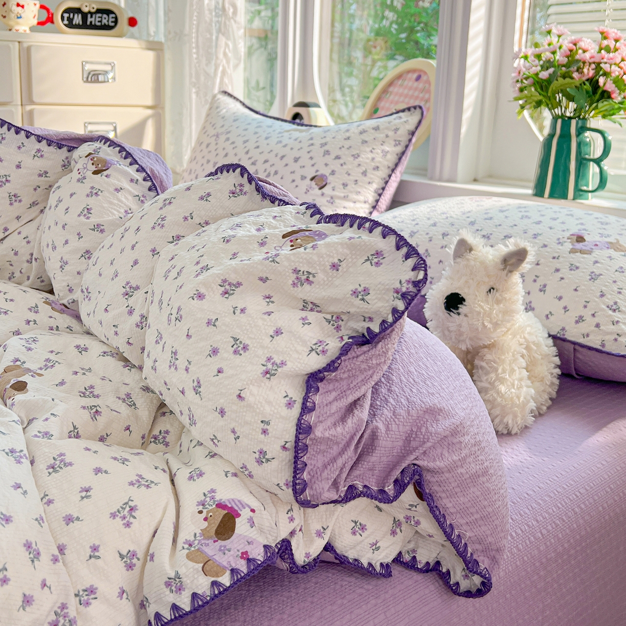 91家纺网 家纺一手货源 找家纺 恒尚居 2026新款泡芙纱四件套贝壳绣边床盖套件单被套床单床笠 【紫调小狗】贝壳边