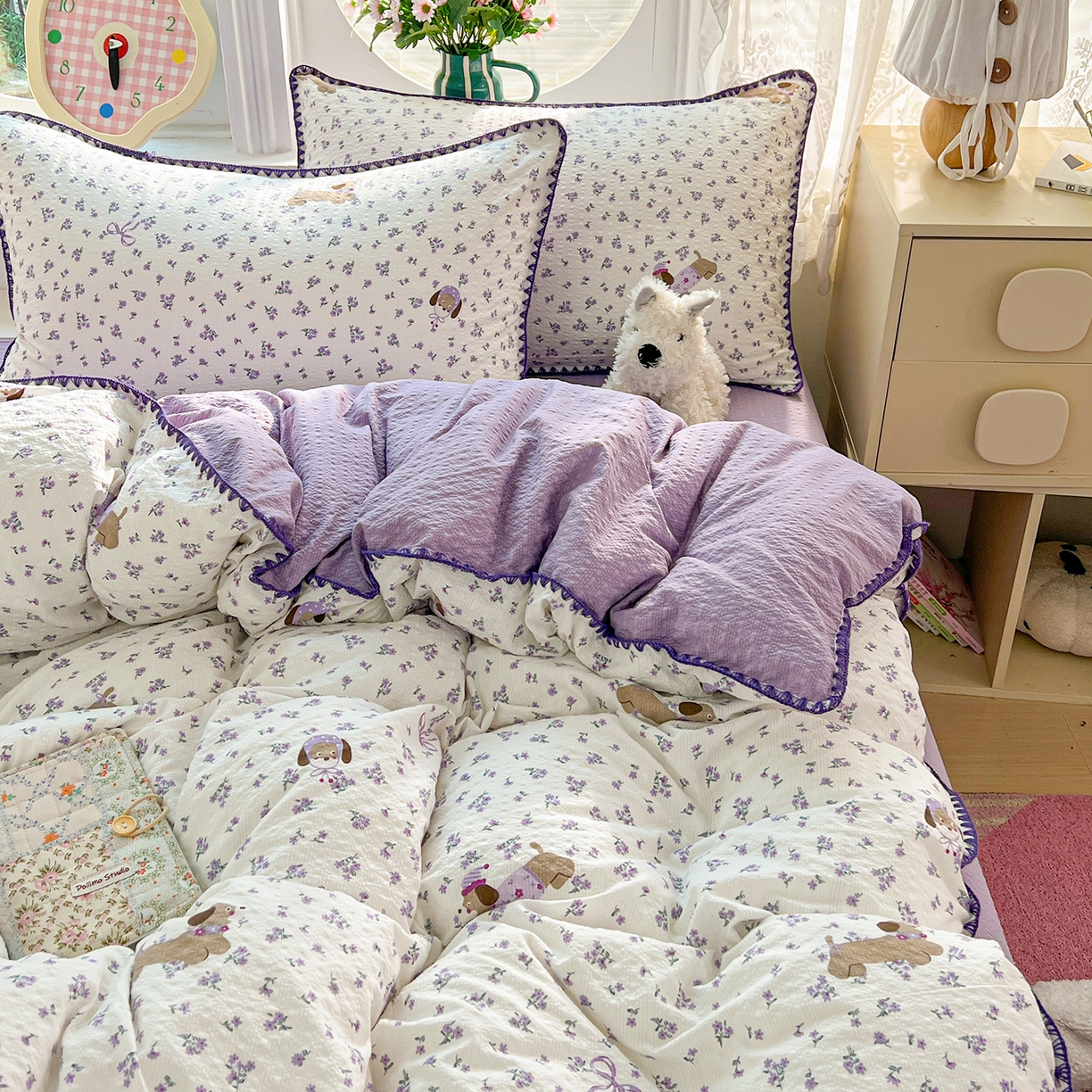 91家纺网 家纺一手货源 找家纺 恒尚居 2026新款泡芙纱四件套贝壳绣边床盖套件单被套床单床笠 【紫调小狗】贝壳边