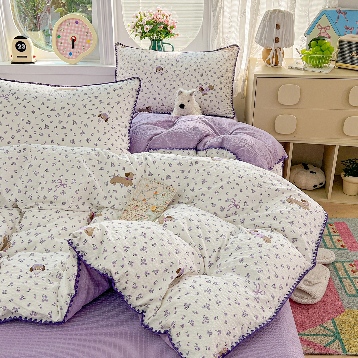 91家纺网 家纺一手货源 找家纺 恒尚居 2026新款泡芙纱四件套贝壳绣边床盖套件单被套床单床笠 【紫调小狗】贝壳边