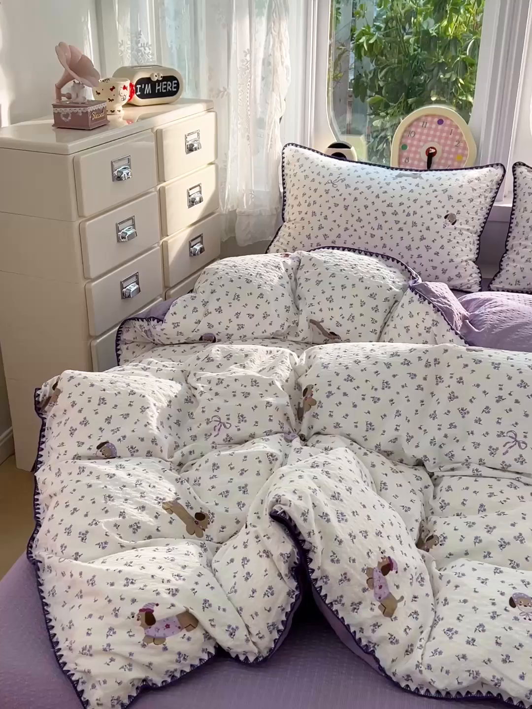 91家纺网 家纺一手货源 找家纺 恒尚居 2026新款泡芙纱四件套贝壳绣边床盖套件单被套床单床笠 【紫调小狗】贝壳边