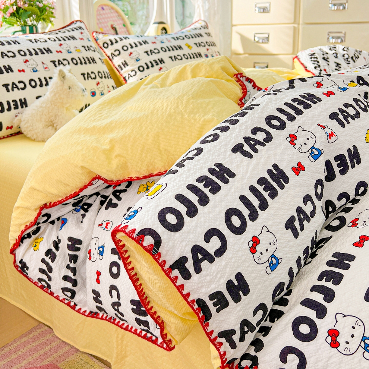 91家纺网 家纺一手货源 找家纺 恒尚居 2026新款泡芙纱四件套贝壳绣边床盖套件单被套床单床笠 【字母喵喵】贝壳边