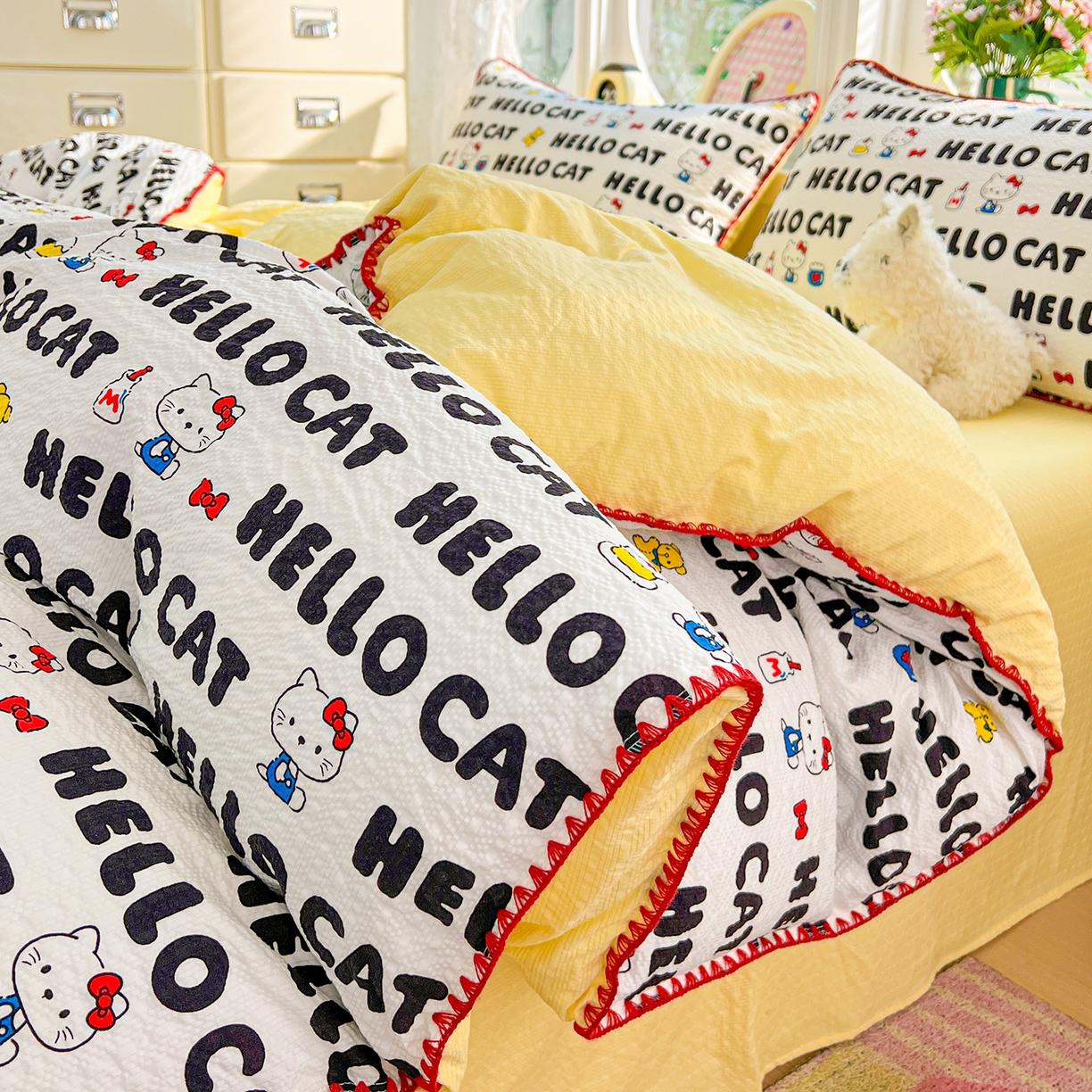 91家纺网 家纺一手货源 找家纺 恒尚居 2026新款泡芙纱四件套贝壳绣边床盖套件单被套床单床笠 【字母喵喵】贝壳边