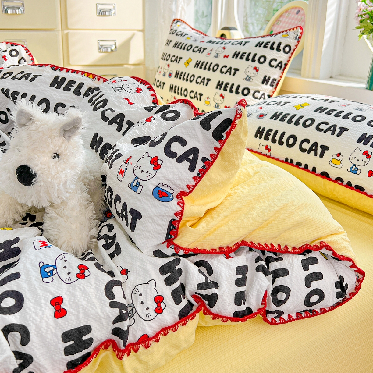 91家纺网 家纺一手货源 找家纺 恒尚居 2026新款泡芙纱四件套贝壳绣边床盖套件单被套床单床笠 【字母喵喵】贝壳边