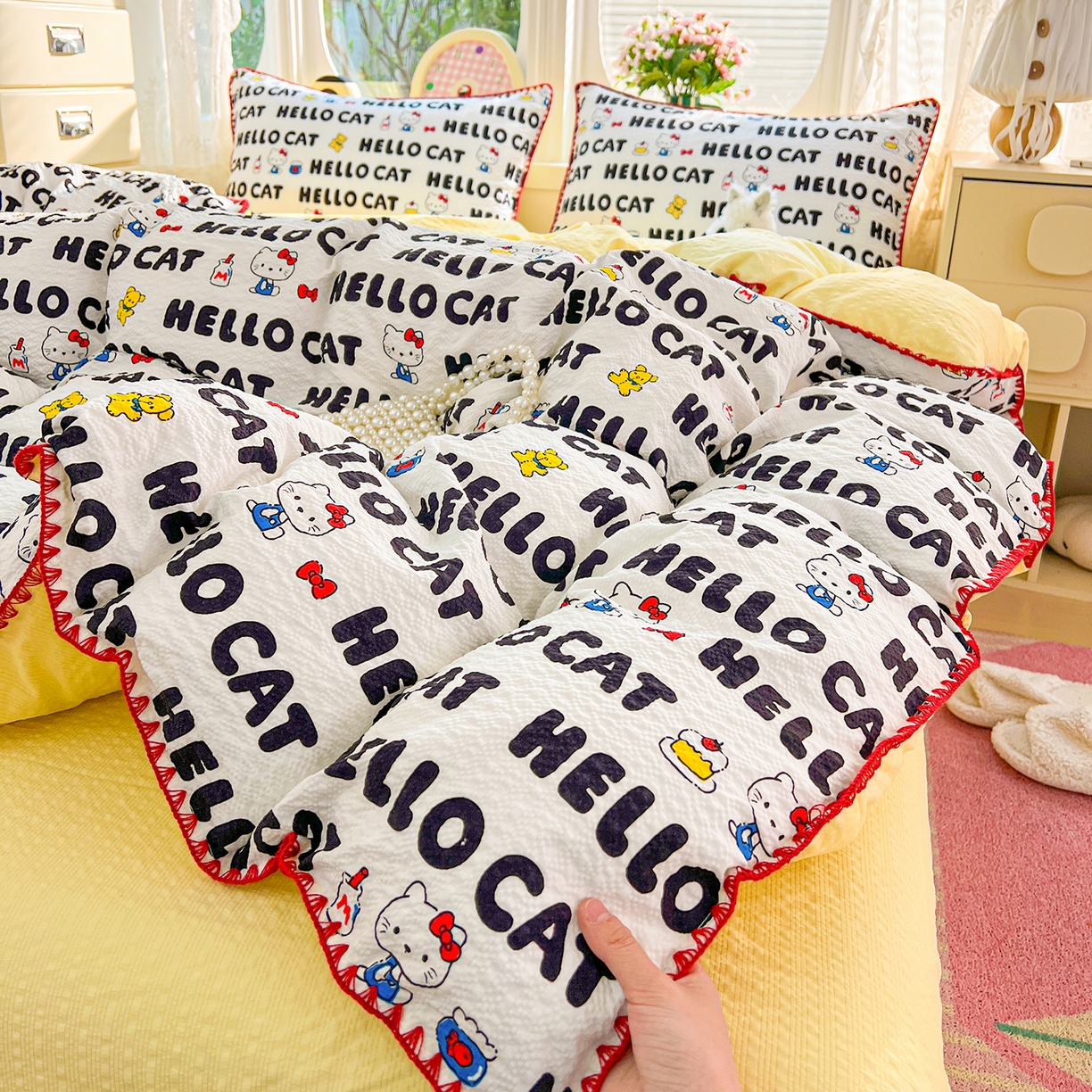 91家纺网 家纺一手货源 找家纺 恒尚居 2026新款泡芙纱四件套贝壳绣边床盖套件单被套床单床笠 【字母喵喵】贝壳边