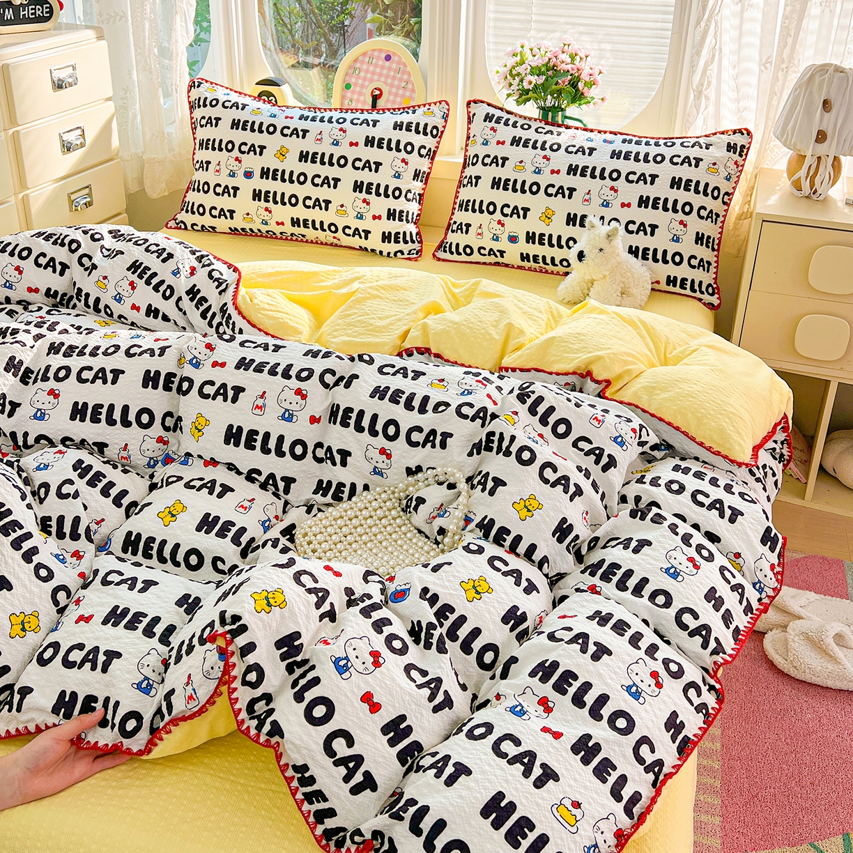 91家纺网 家纺一手货源 找家纺 恒尚居 2026新款泡芙纱四件套贝壳绣边床盖套件单被套床单床笠 【字母喵喵】贝壳边