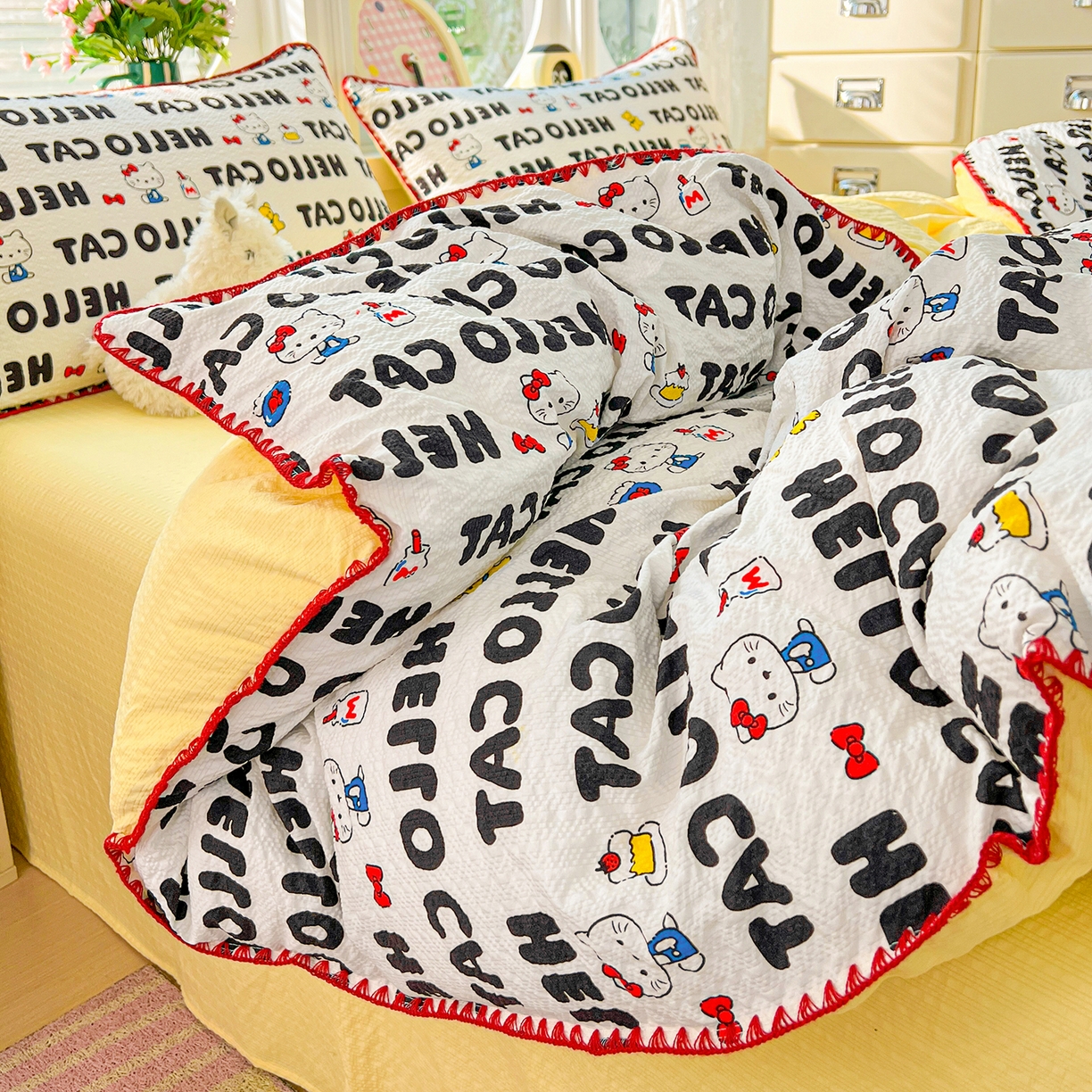 91家纺网 家纺一手货源 找家纺 恒尚居 2026新款泡芙纱四件套贝壳绣边床盖套件单被套床单床笠 【字母喵喵】贝壳边