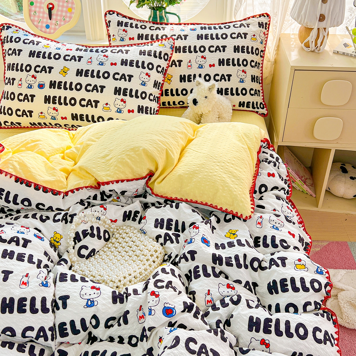 91家纺网 家纺一手货源 找家纺 恒尚居 2026新款泡芙纱四件套贝壳绣边床盖套件单被套床单床笠 【字母喵喵】贝壳边