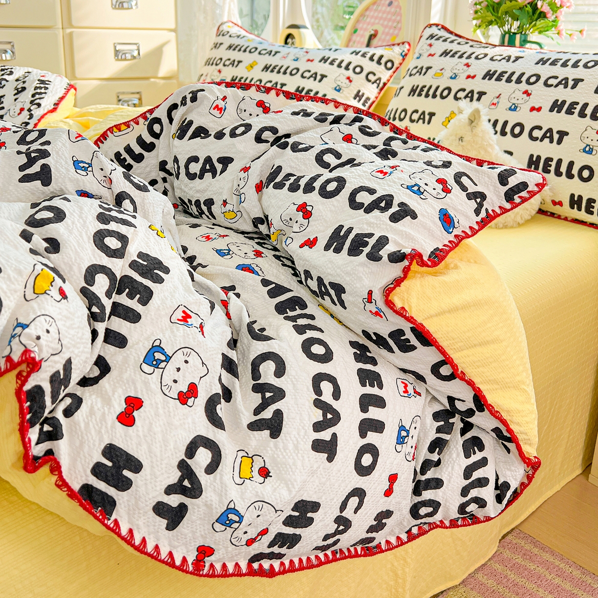 91家纺网 家纺一手货源 找家纺 恒尚居 2026新款泡芙纱四件套贝壳绣边床盖套件单被套床单床笠 【字母喵喵】贝壳边