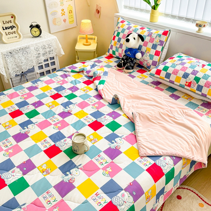 91家纺网 家纺一手货源 找家纺 梓之赫 2026新款史努比凉感丝乳胶凉席席子夏被夏凉被空调被 史努比彩虹格