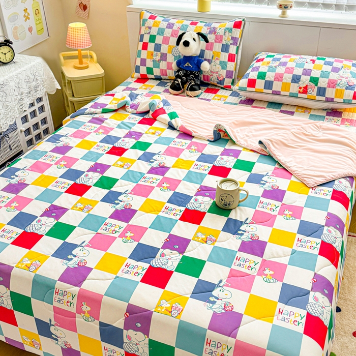 91家纺网 家纺一手货源 找家纺 梓之赫 2026新款史努比凉感丝乳胶凉席席子夏被夏凉被空调被 史努比彩虹格