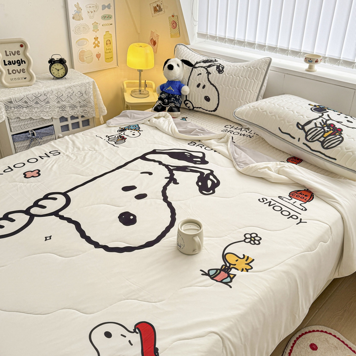 91家纺网 家纺一手货源 找家纺 梓之赫 2026新款史努比凉感丝乳胶凉席席子夏被夏凉被空调被 史努比快乐世界