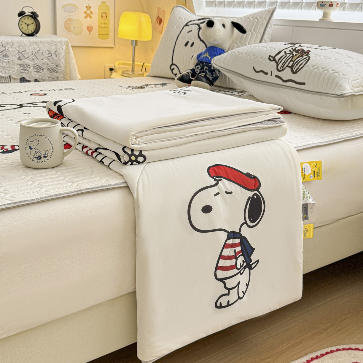 91家纺网 家纺一手货源 找家纺 梓之赫 2026新款史努比凉感丝乳胶凉席席子夏被夏凉被空调被 史努比快乐世界