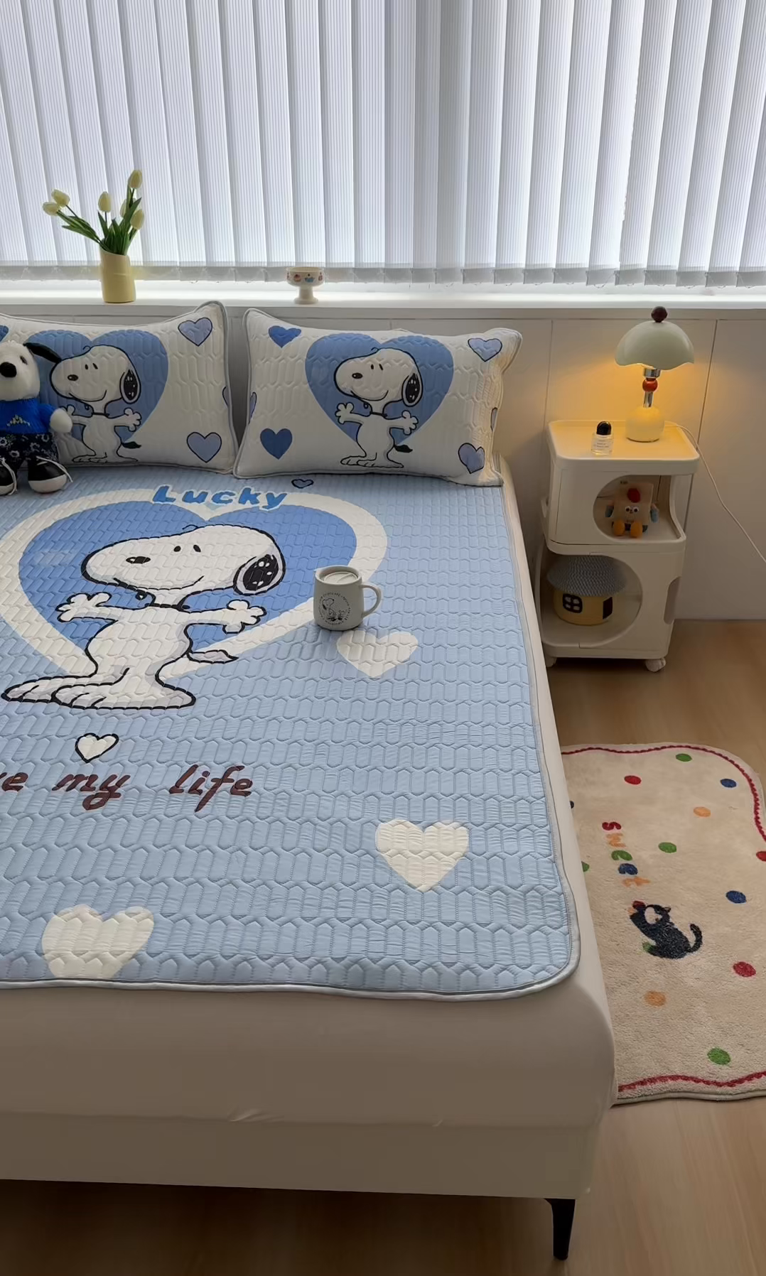 91家纺网 家纺一手货源 找家纺 梓之赫 2026新款史努比凉感丝乳胶凉席席子夏被夏凉被空调被 史努比爱心