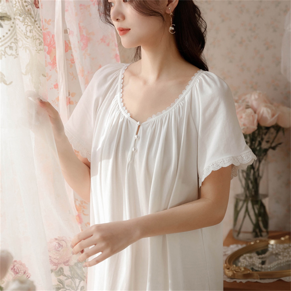 91家纺网 家纺一手货源 找家纺 洛兰沙家居馆 2026新款睡裙女夏季短袖新品宽松长款宫廷公主法式复古薄孕妇睡衣家居服 白色