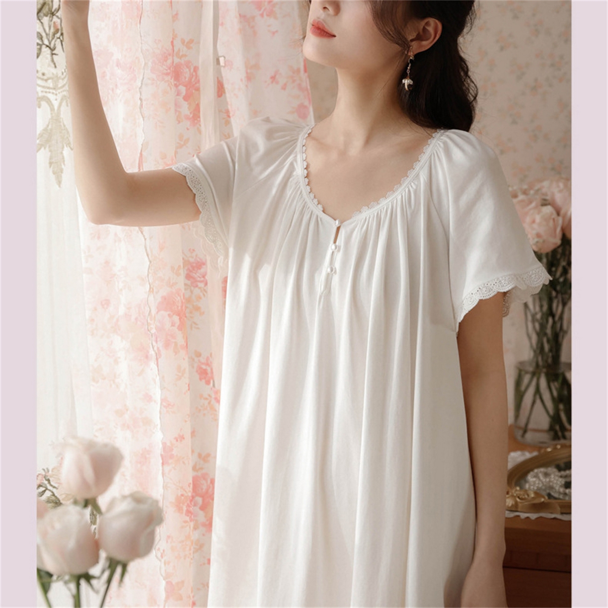 91家纺网 家纺一手货源 找家纺 洛兰沙家居馆 2026新款睡裙女夏季短袖新品宽松长款宫廷公主法式复古薄孕妇睡衣家居服 白色