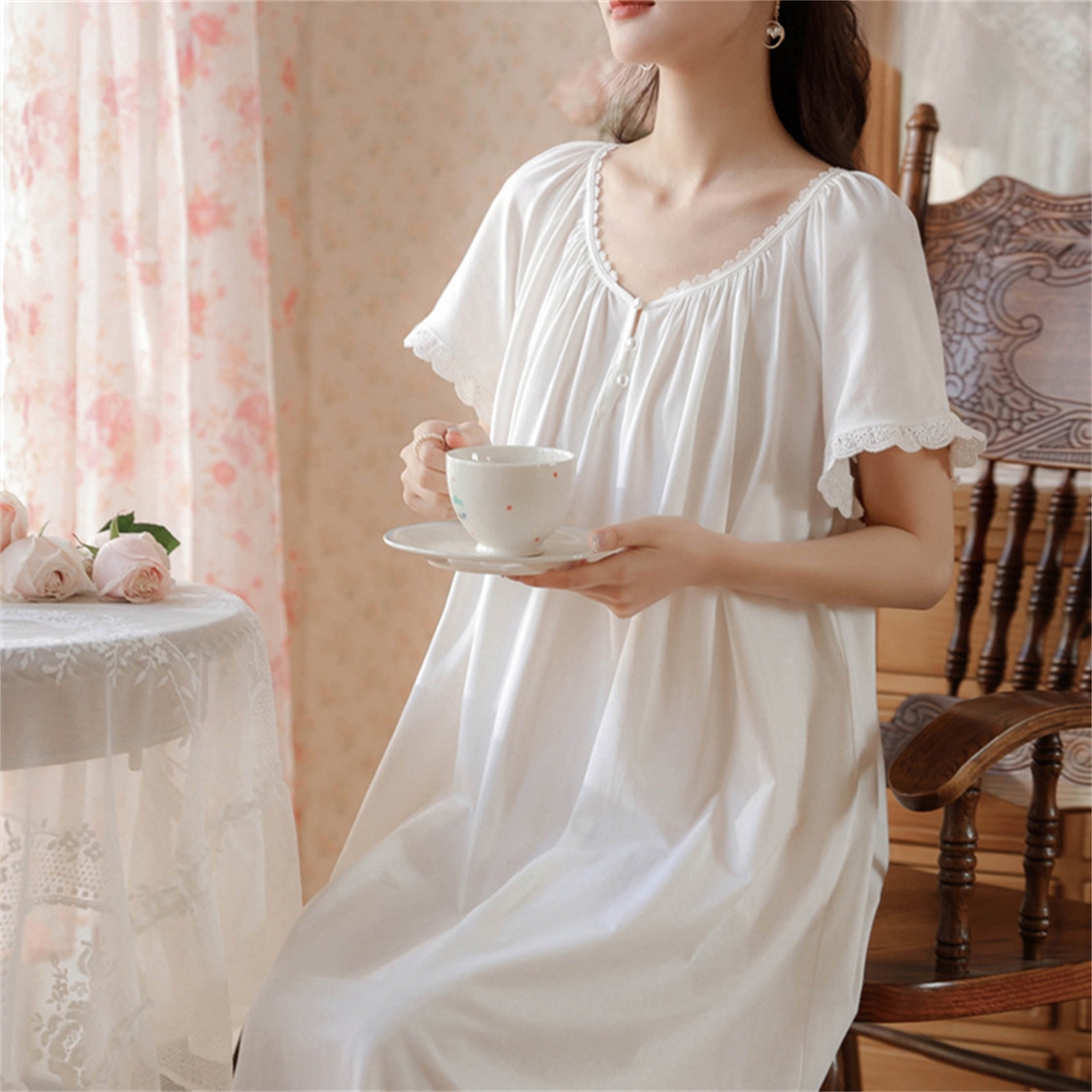 91家纺网 家纺一手货源 找家纺 洛兰沙家居馆 2026新款睡裙女夏季短袖新品宽松长款宫廷公主法式复古薄孕妇睡衣家居服 白色