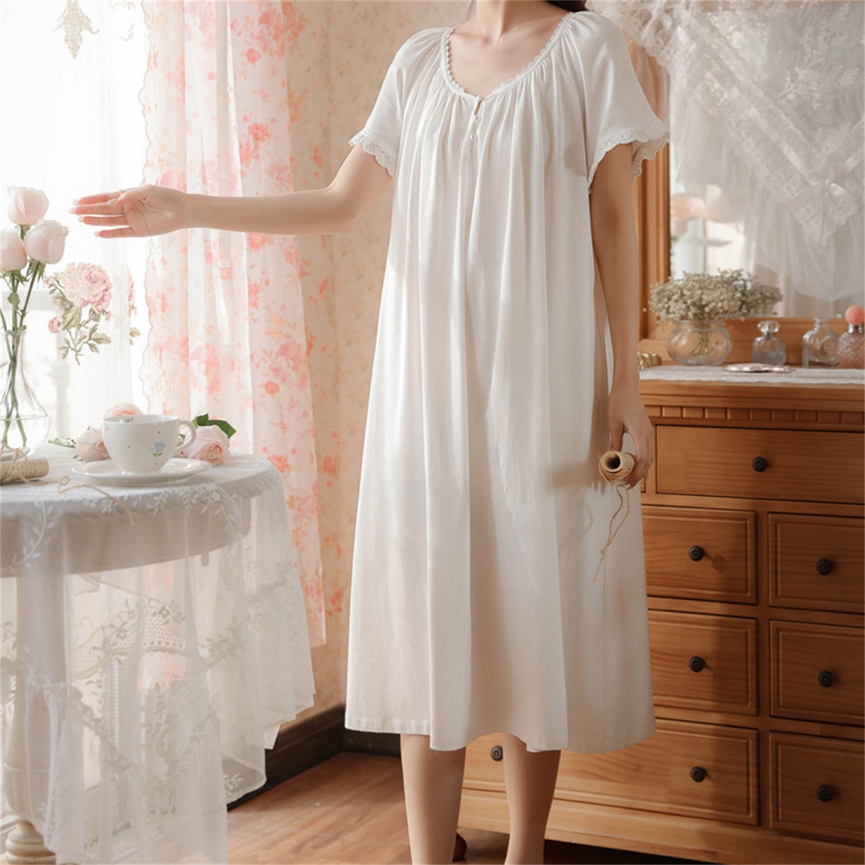 （总）洛兰沙家居馆 2026新款睡裙女夏季短袖新品宽松长款宫廷公主法式复古薄孕妇睡衣家居服