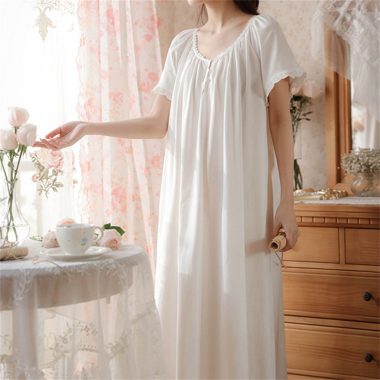 洛兰沙家居馆 2026新款睡裙女夏季短袖新品宽松长款宫廷公主法式复古薄孕妇睡衣家居服 白色