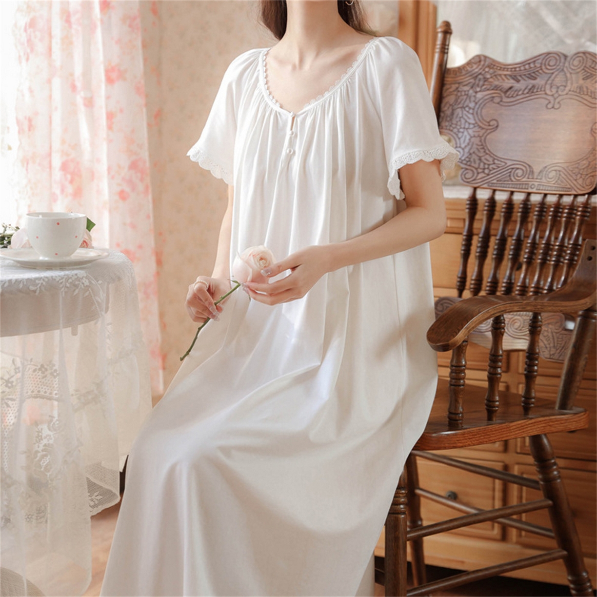 91家纺网 家纺一手货源 找家纺 洛兰沙家居馆 2026新款睡裙女夏季短袖新品宽松长款宫廷公主法式复古薄孕妇睡衣家居服 白色