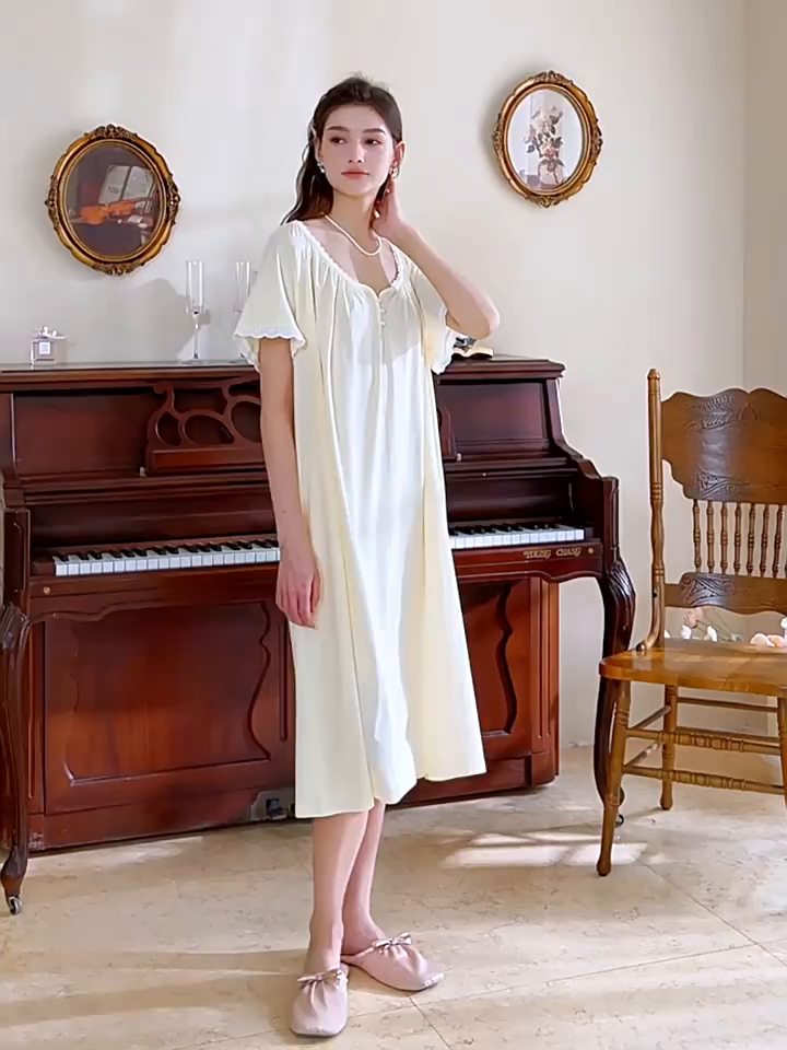 91家纺网 家纺一手货源 找家纺 洛兰沙家居馆 2026新款睡裙女夏季短袖新品宽松长款宫廷公主法式复古薄孕妇睡衣家居服 白色