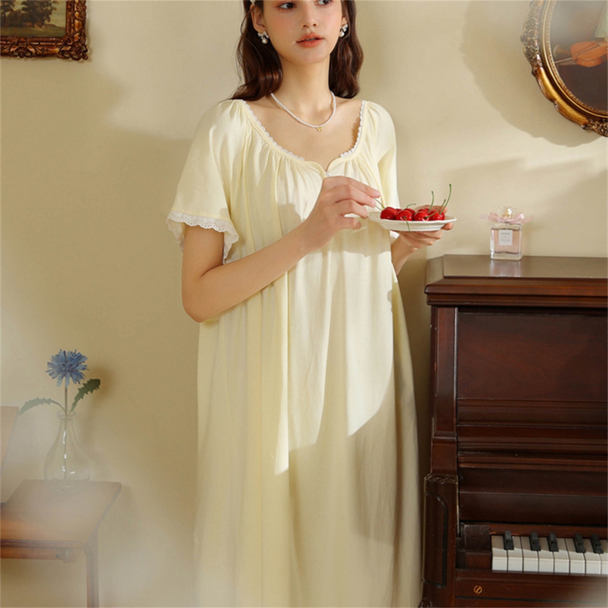 91家纺网 家纺一手货源 找家纺 洛兰沙家居馆 2026新款睡裙女夏季短袖新品宽松长款宫廷公主法式复古薄孕妇睡衣家居服 浅黄