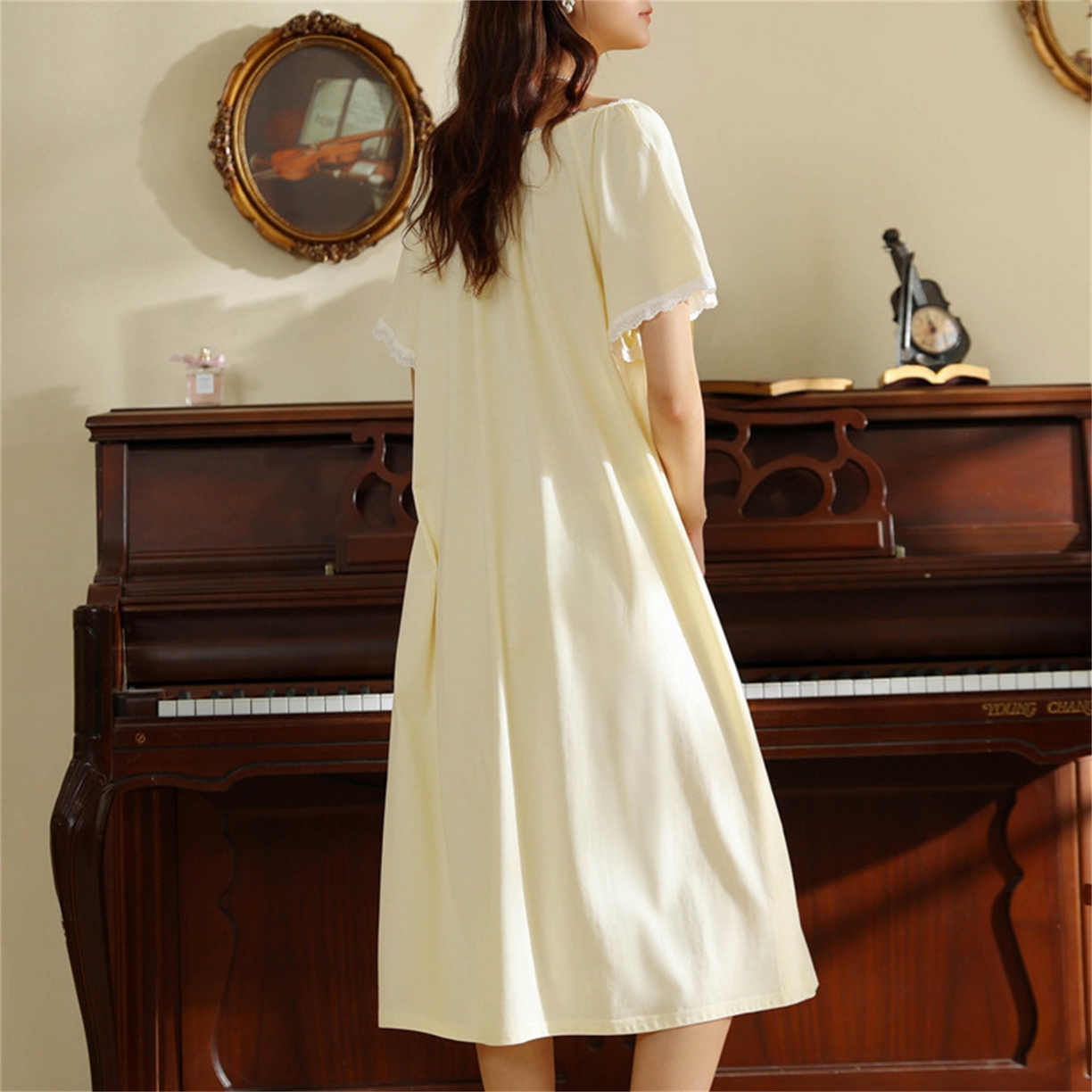 91家纺网 家纺一手货源 找家纺 洛兰沙家居馆 2026新款睡裙女夏季短袖新品宽松长款宫廷公主法式复古薄孕妇睡衣家居服 浅黄