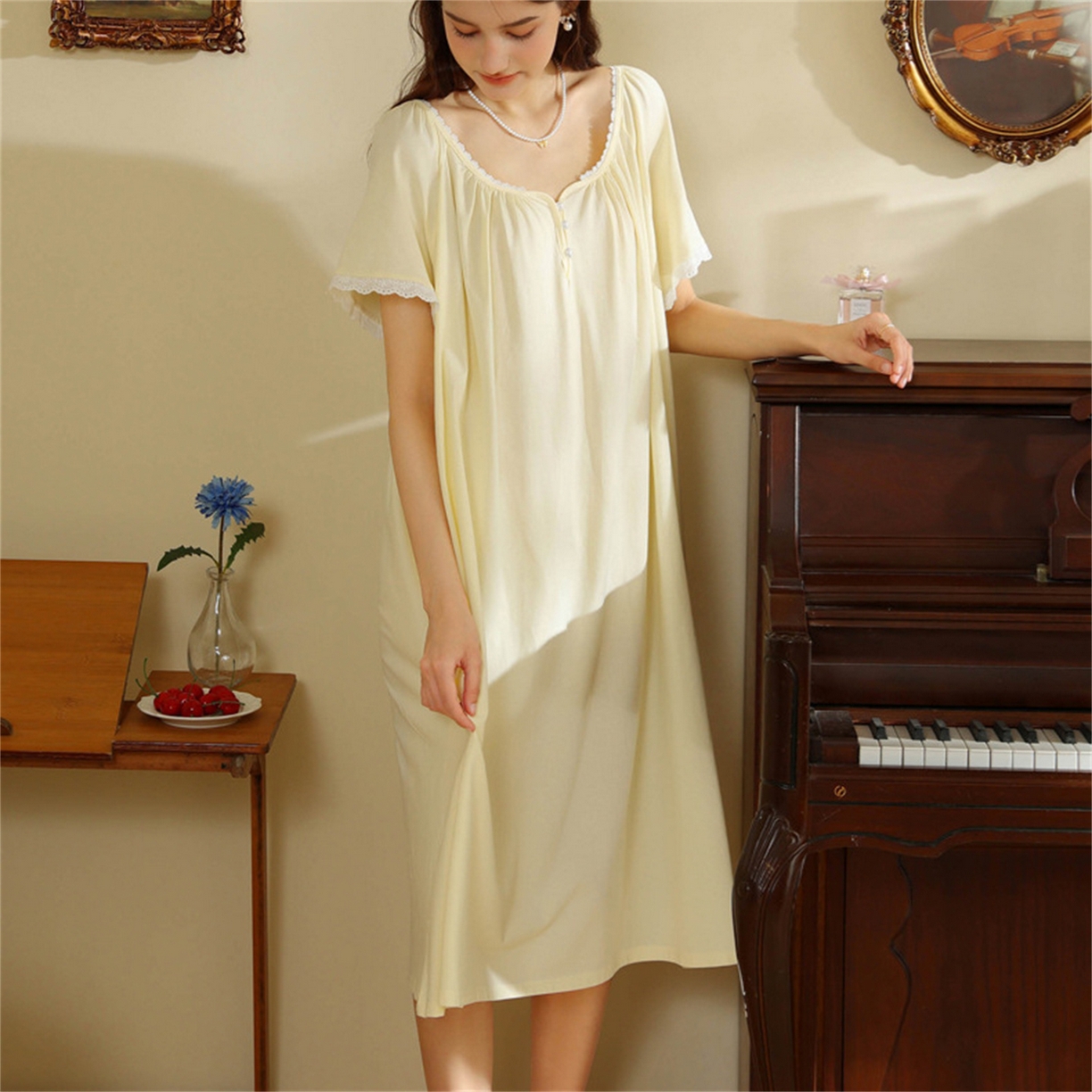 91家纺网 家纺一手货源 找家纺 洛兰沙家居馆 2026新款睡裙女夏季短袖新品宽松长款宫廷公主法式复古薄孕妇睡衣家居服 浅黄