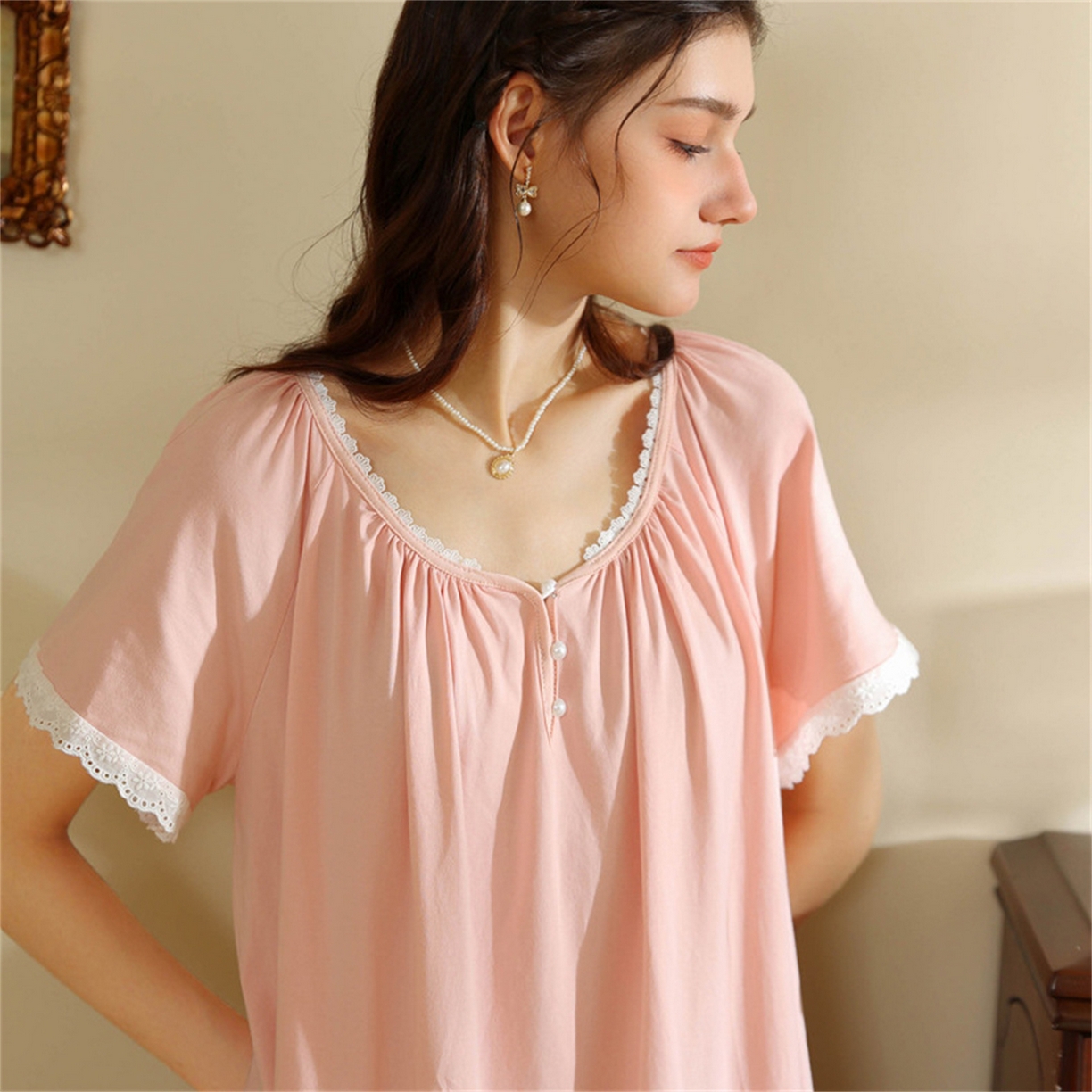 91家纺网 家纺一手货源 找家纺 洛兰沙家居馆 2026新款睡裙女夏季短袖新品宽松长款宫廷公主法式复古薄孕妇睡衣家居服 浅粉