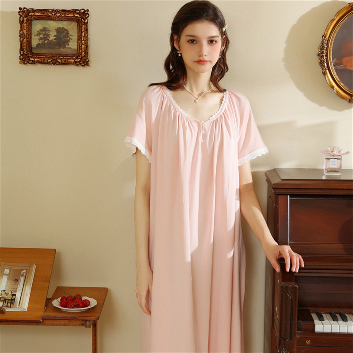 91家纺网 家纺一手货源 找家纺 洛兰沙家居馆 2026新款睡裙女夏季短袖新品宽松长款宫廷公主法式复古薄孕妇睡衣家居服 浅粉
