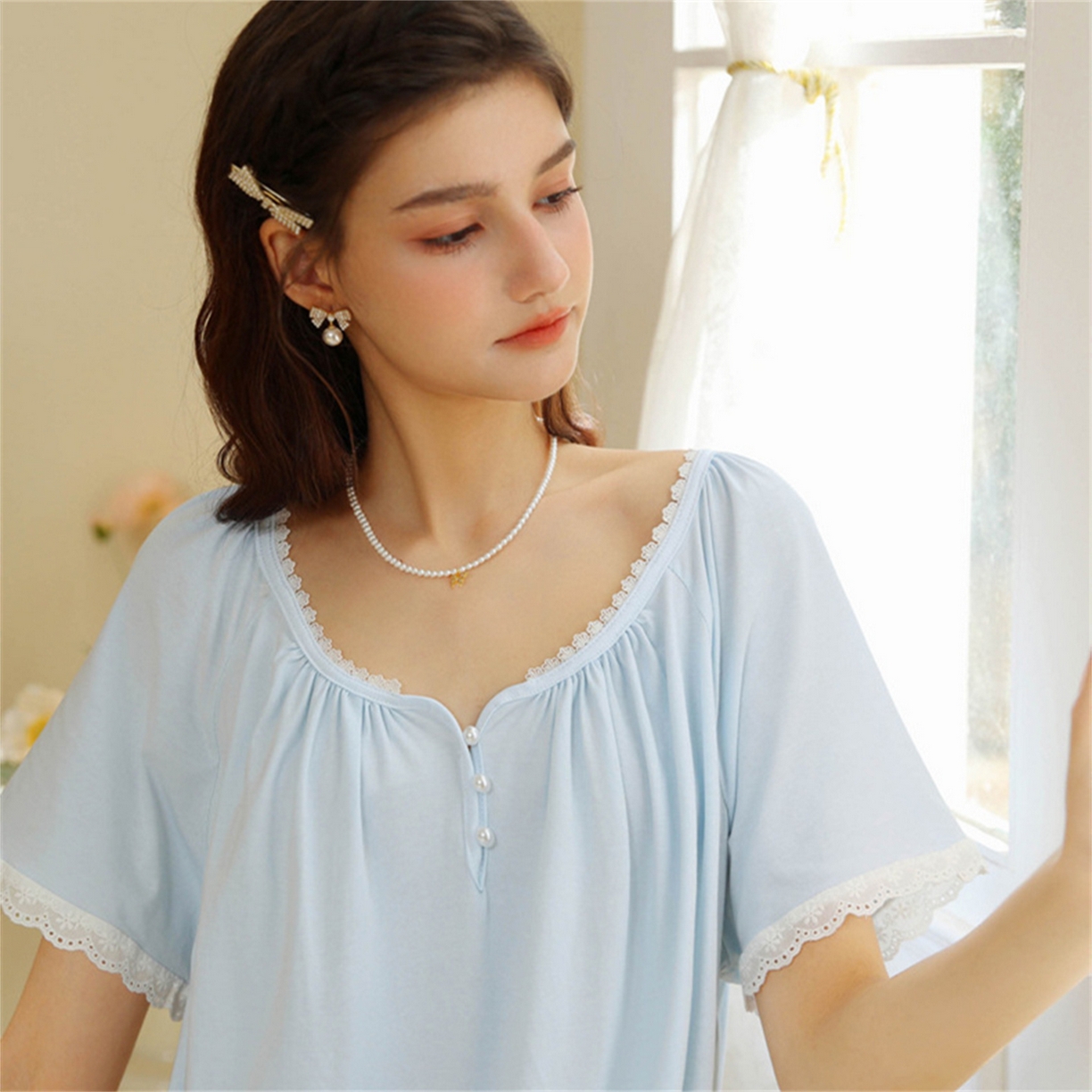 91家纺网 家纺一手货源 找家纺 洛兰沙家居馆 2026新款睡裙女夏季短袖新品宽松长款宫廷公主法式复古薄孕妇睡衣家居服 蓝色