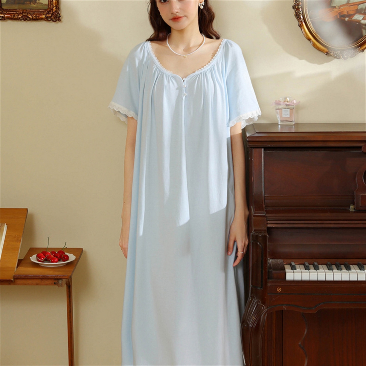 洛兰沙家居馆 2026新款睡裙女夏季短袖新品宽松长款宫廷公主法式复古薄孕妇睡衣家居服 蓝色