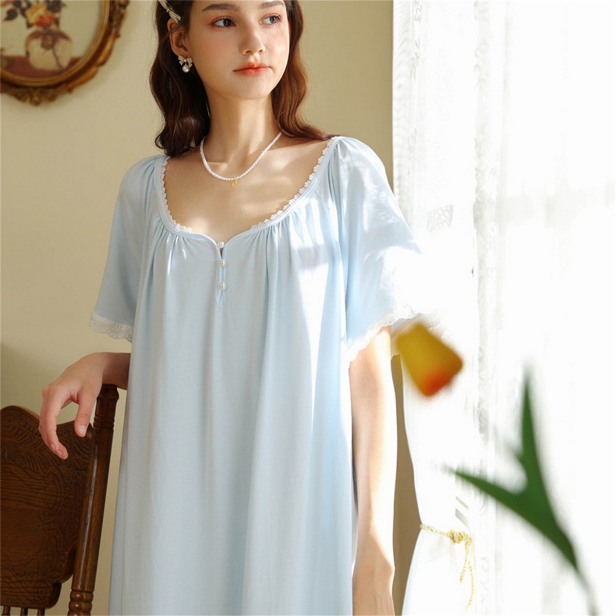 91家纺网 家纺一手货源 找家纺 洛兰沙家居馆 2026新款睡裙女夏季短袖新品宽松长款宫廷公主法式复古薄孕妇睡衣家居服 蓝色