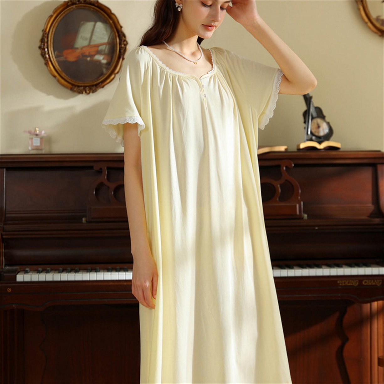 91家纺网 家纺一手货源 找家纺 洛兰沙家居馆 2026新款睡裙女夏季短袖新品宽松长款宫廷公主法式复古薄孕妇睡衣家居服 浅黄