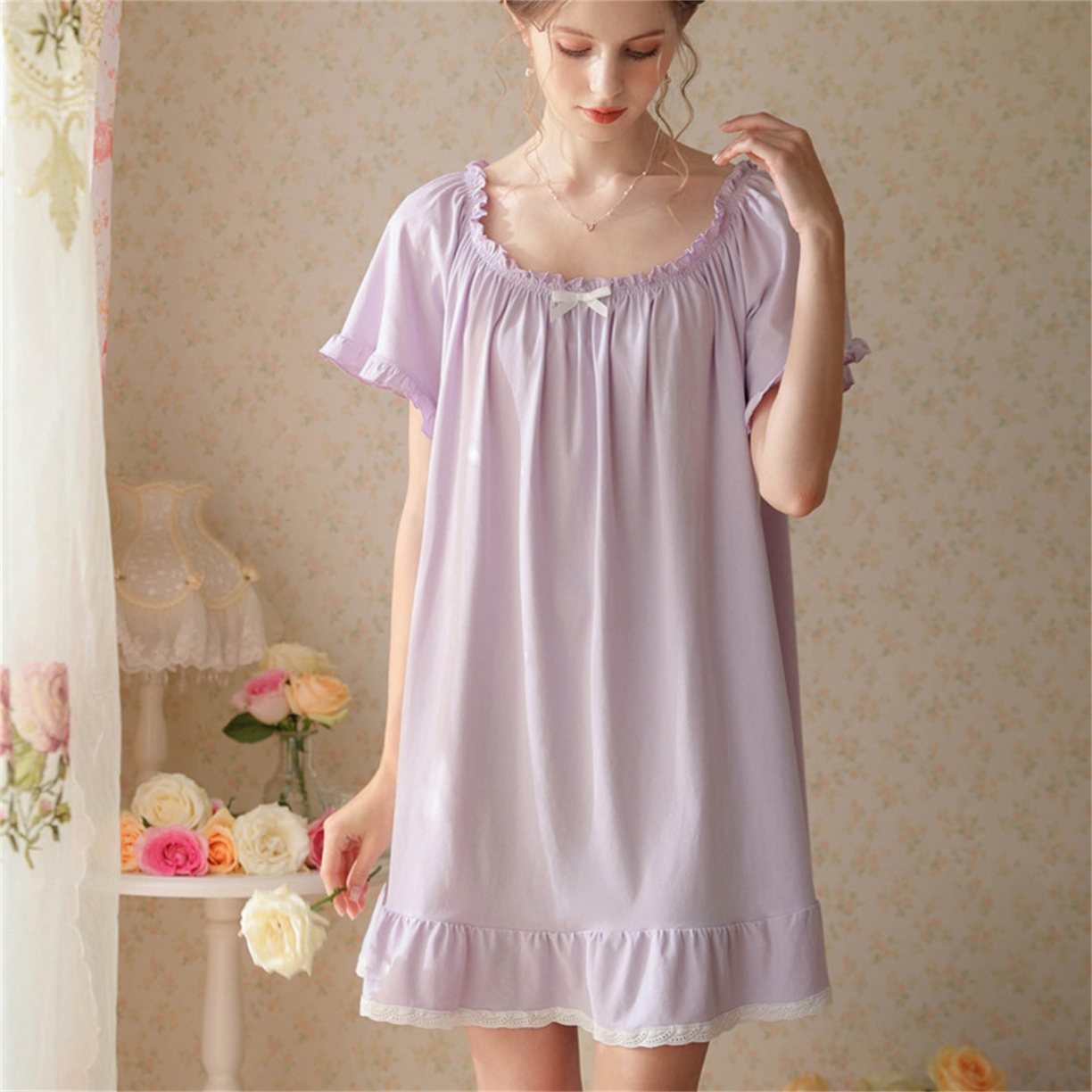 91家纺网 家纺一手货源 找家纺 洛兰沙家居馆 2026新款睡裙短袖新品宽松大码短裙女夏宫廷甜美公主可爱批发睡衣家居服 花色5